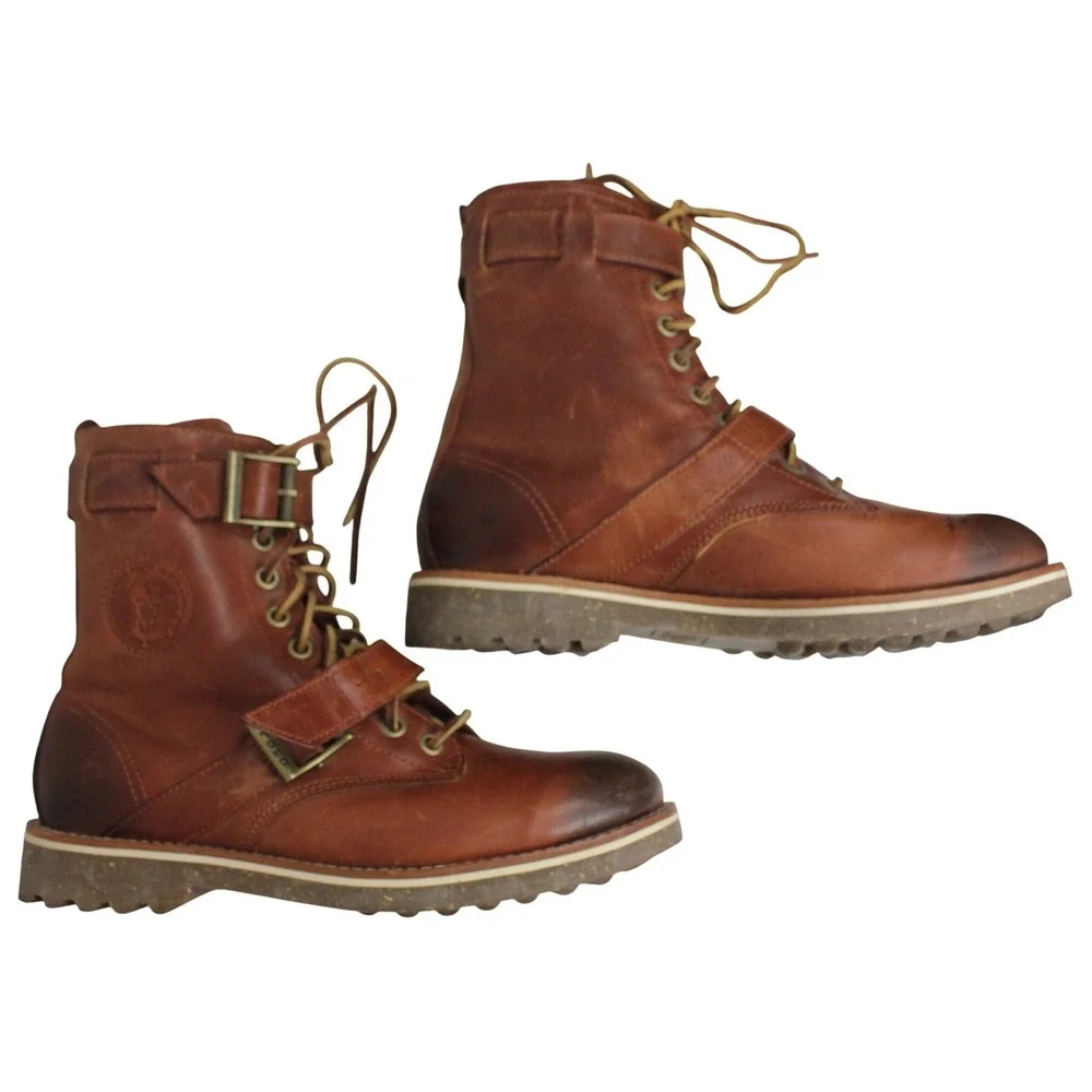 Polo Ralph Lauren Maurice Leather Harness Boots Mens 9D Brown Lace Up Moto